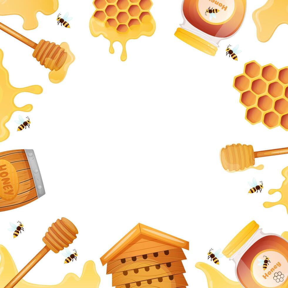 Honey and bees frame. Honey store banner, poster, card template vector