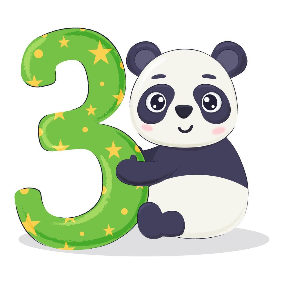Funny panda bear cartoon character with number 3. Children third birthday postcard, party invitation element. vector