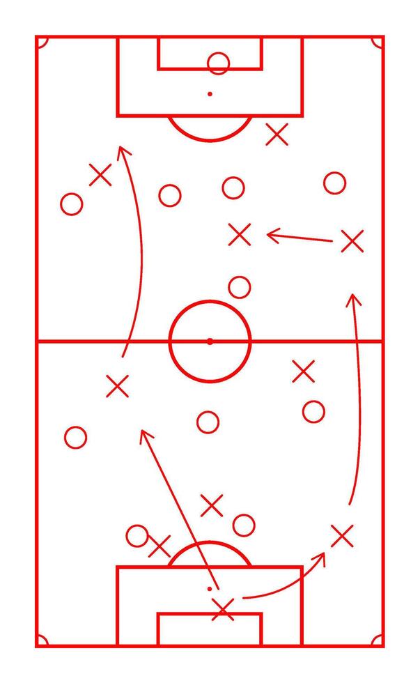 Sketch drawn football tactic scheme red marker plan of attack or build up. of game plan for player, scheme sketch soccer, sport strategy and tactic, team training design, teamwork illustration vector
