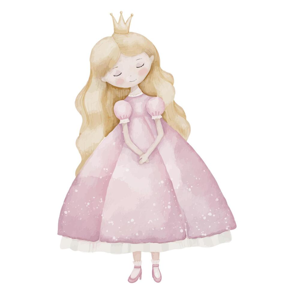 Watercolor Princess with a crown in a pink dress. Drawing of cute young girl for baby greeting cards or birthday invitations. Fantasy character for childish design and nursery walls in pastel color vector