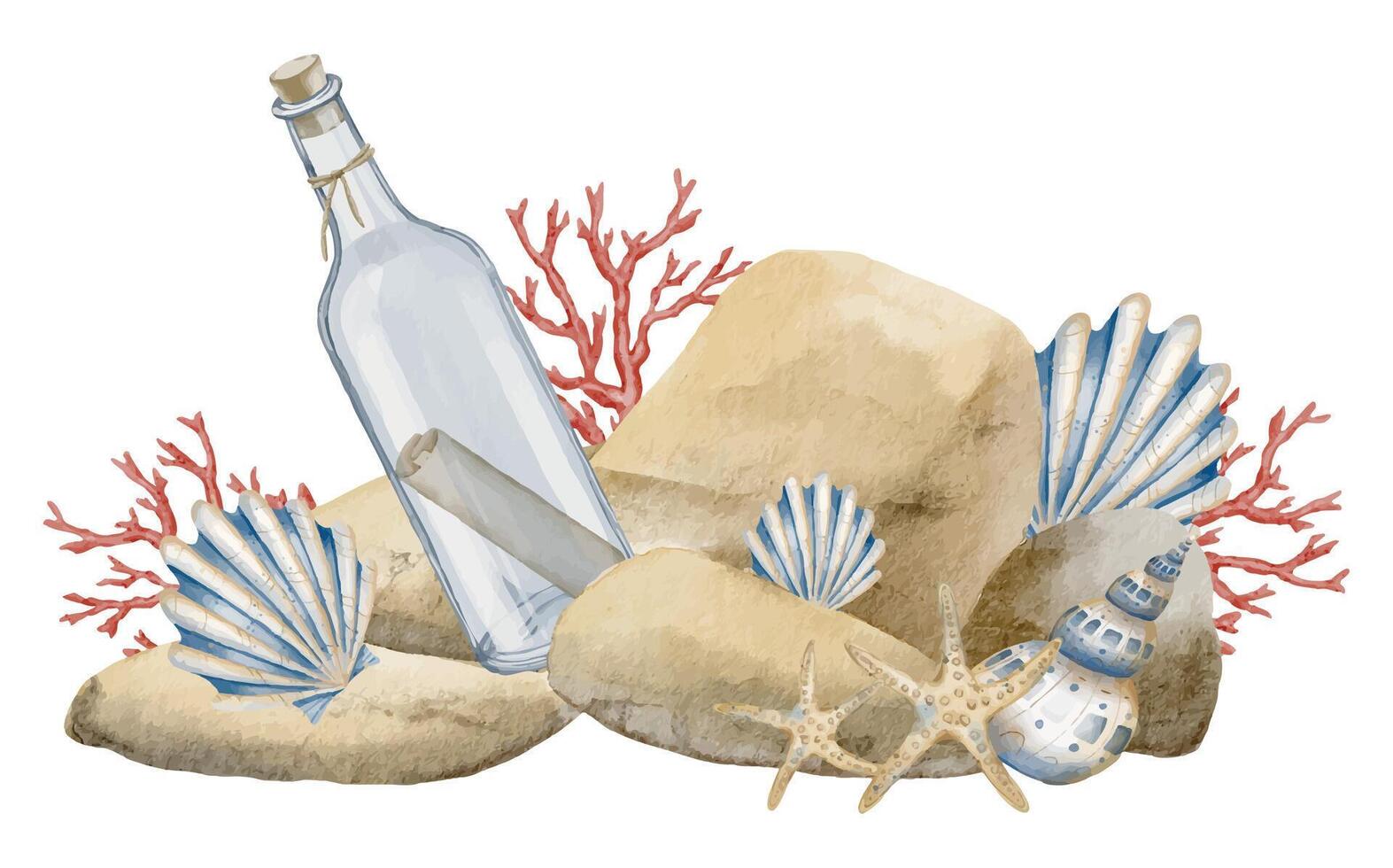 Watercolor illustration of bottle with message surrounded Seashells, corals and Rocks. Drawing of pebbles with sea shells and mail in glass jar on isolated background for nautical design vector