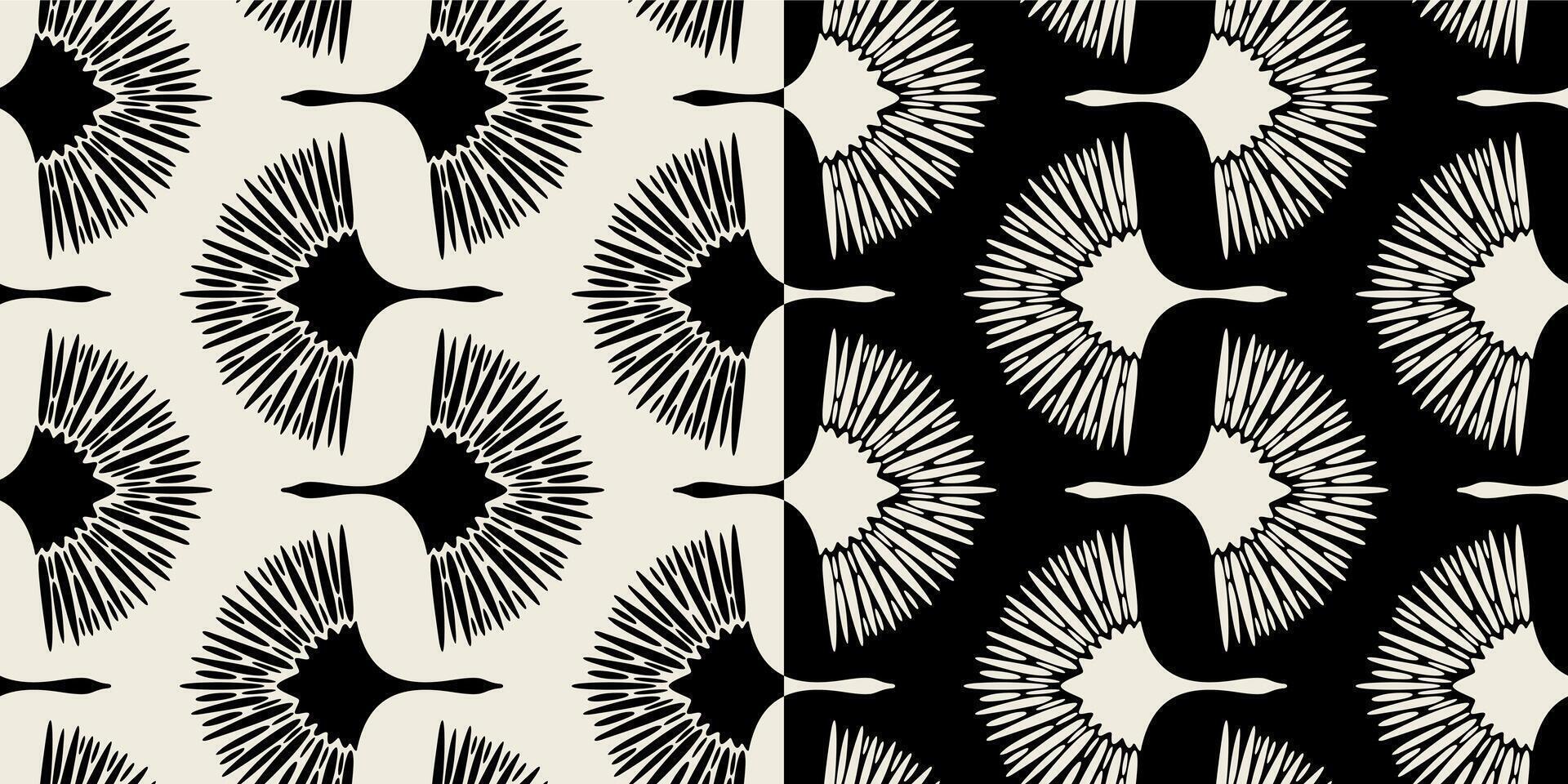 Art deco crane seamless patterns. Contrasting black and white colors vector