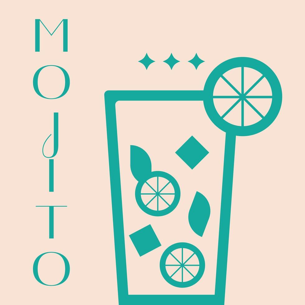 Glass of mojito.Summer cocktail aperitif with mint and ice cubes. Summer cocktail print.Mohito geometric style. illustration EPS 10 vector