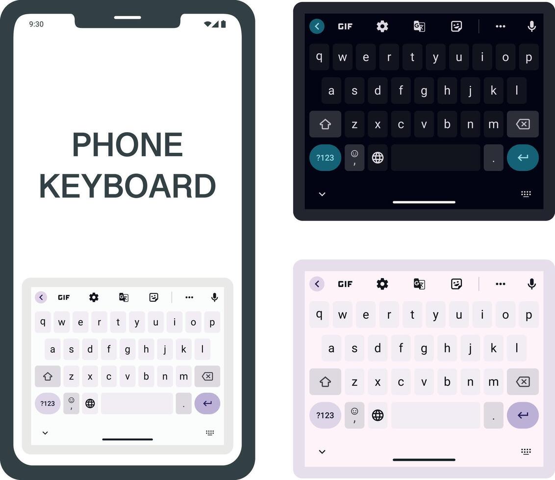 Smartphone keyboard in light and dark mode. Keypad alphabet buttons in modern flat style. Screen with dark and white UI mobile Messenger conversation mockup. sms chat, ui, ux design vector