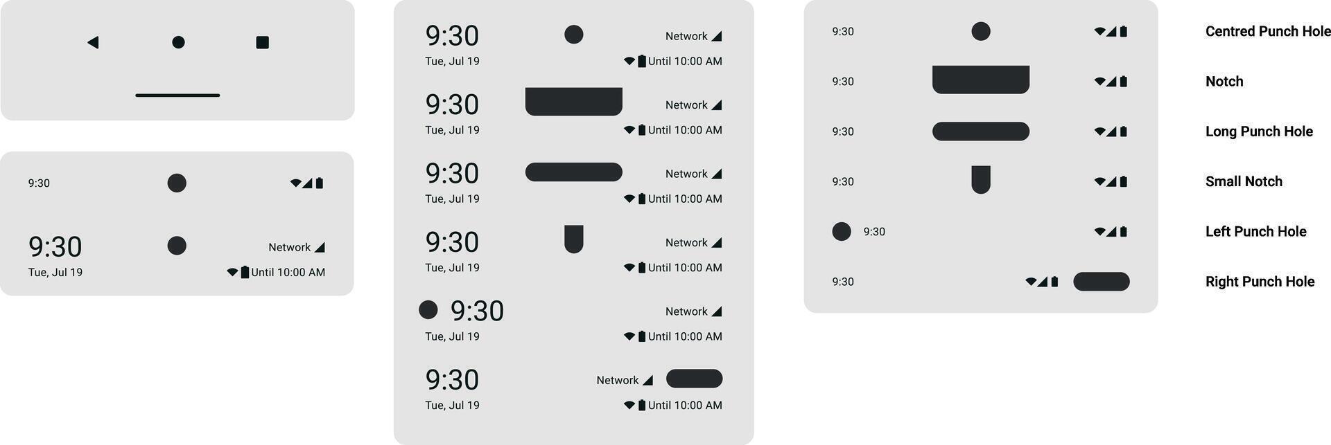 Status bar - Notch and punch hole display battery level time notification alerts and device interaction from anywhere. UI Components set template Bars, classes smartphone OS long notch and pill drop vector