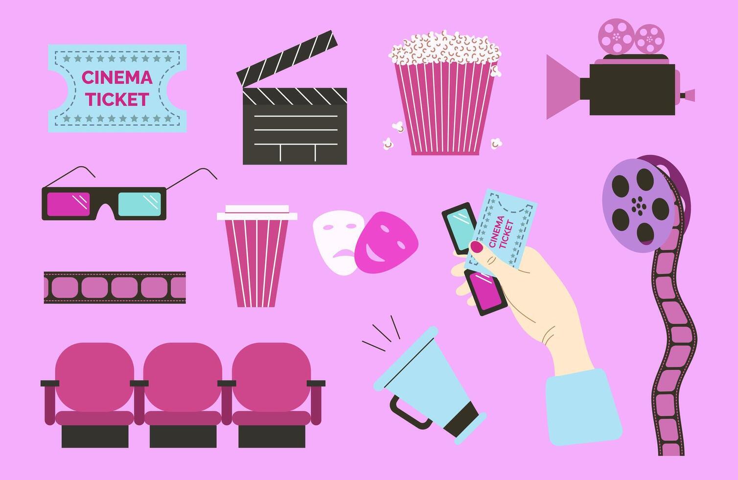 Set of cinema elements. Film reel, popcorn, 3D glasses, clapperboard, movie ticket, loudspeaker, megaphone, soda, theater mask, seats. Pink colors. vector
