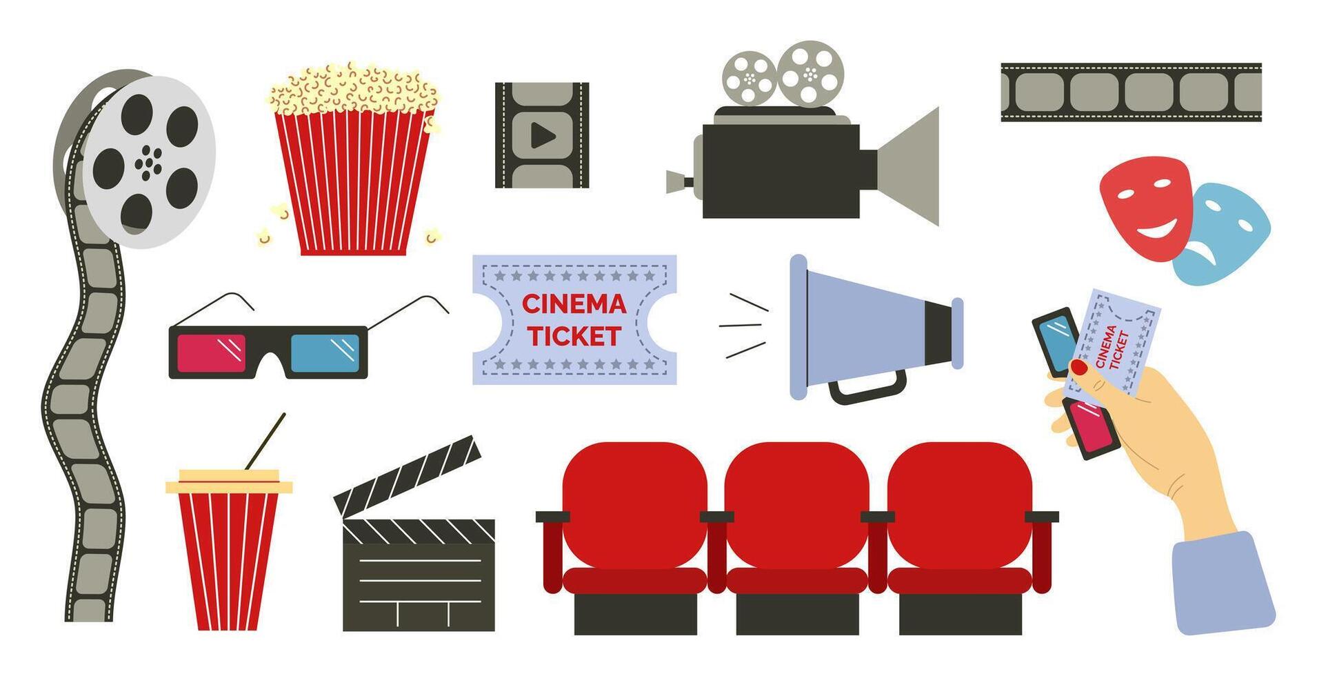Set of cinema elements. Film reel, popcorn, 3D glasses, clapperboard, movie ticket, loudspeaker, megaphone, soda, theater mask, seats. White background. vector