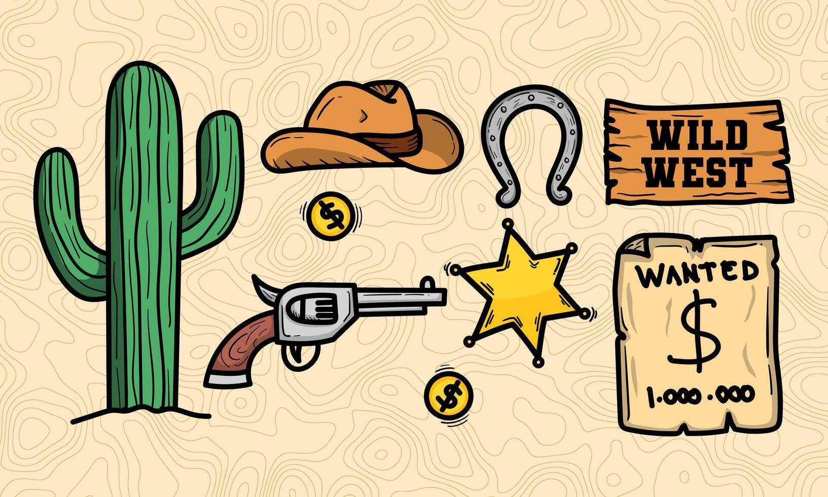 Set of colored wild west doodles. Very suitable for completing designs in the desert, printing needs, and so on. vector