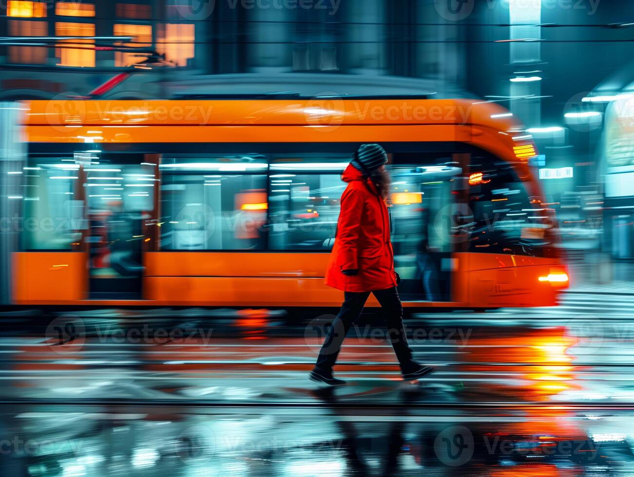 Blurred background, public transport and passing people against the background of the city photo