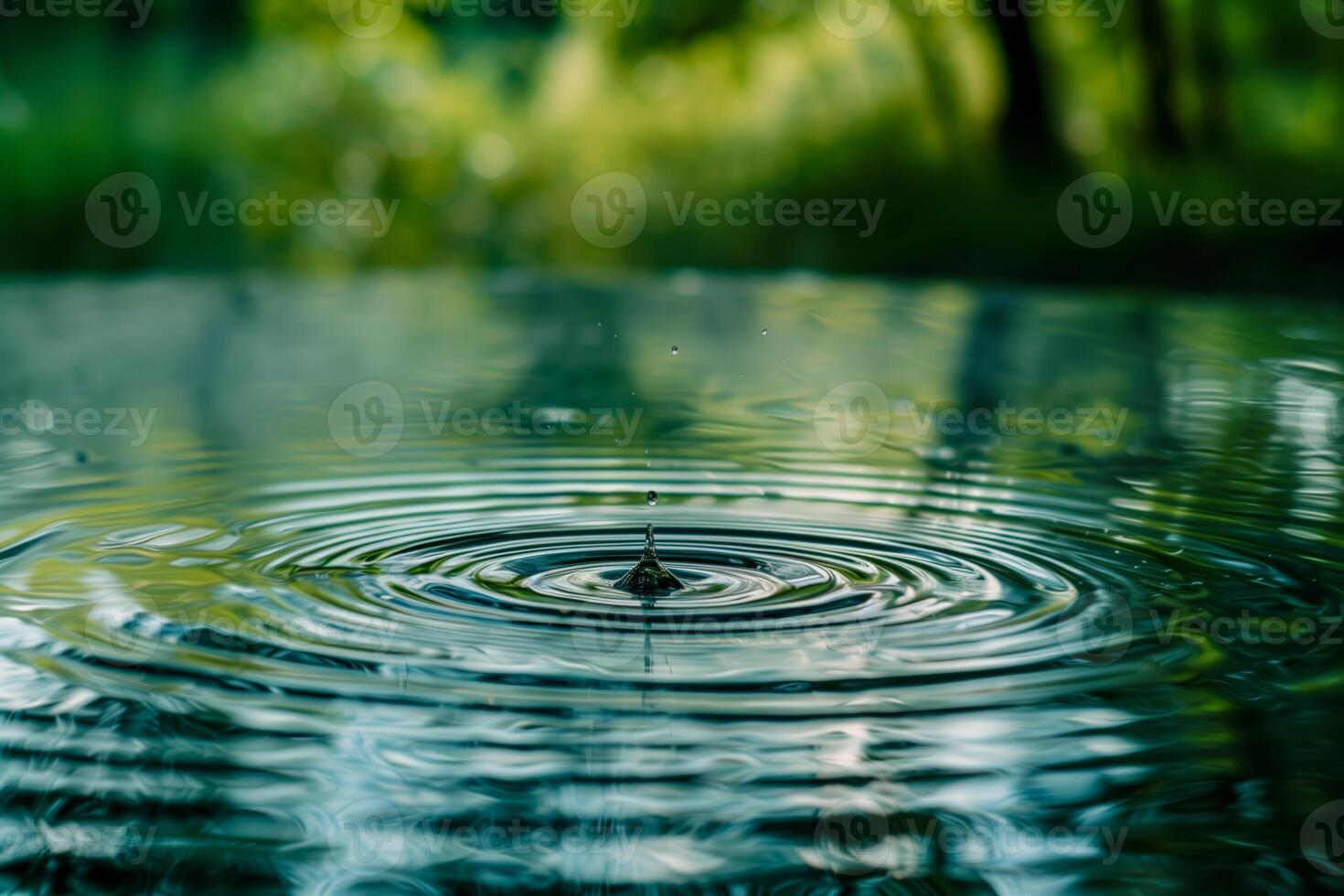 A single raindrop causing ripples in a still pond photo