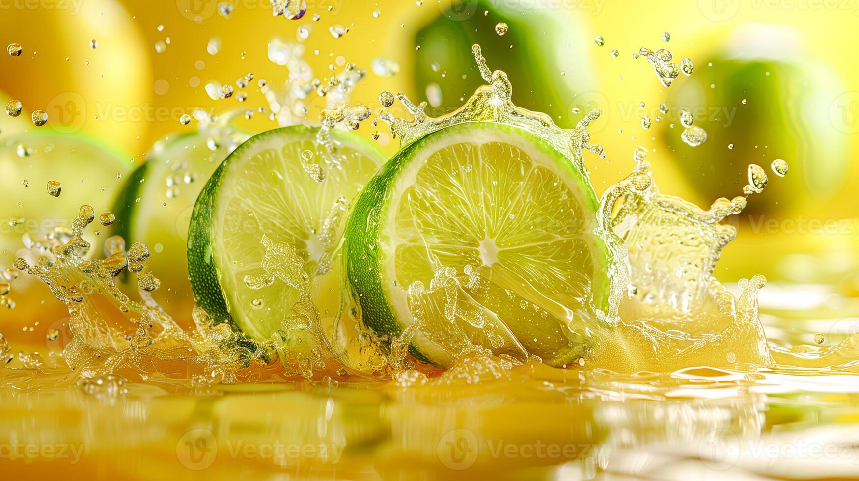 Lime juice splashing on a yellow background photo