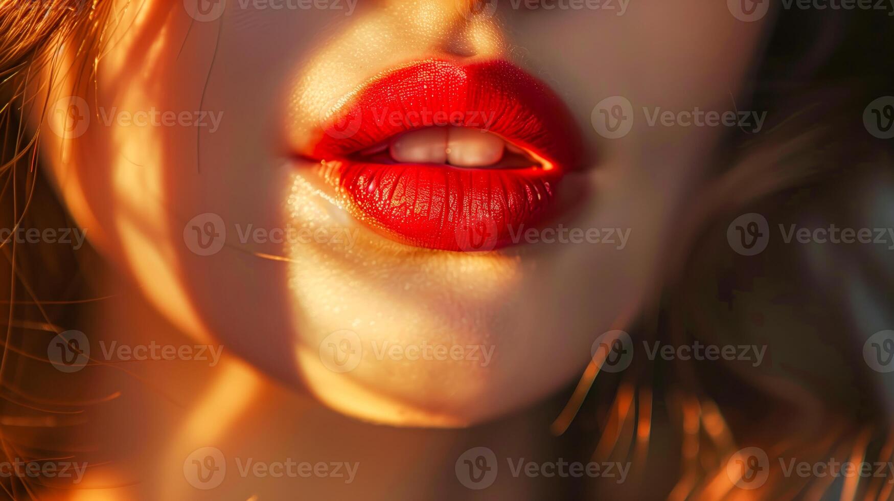 Beautiful red lips of a woman in sun photo