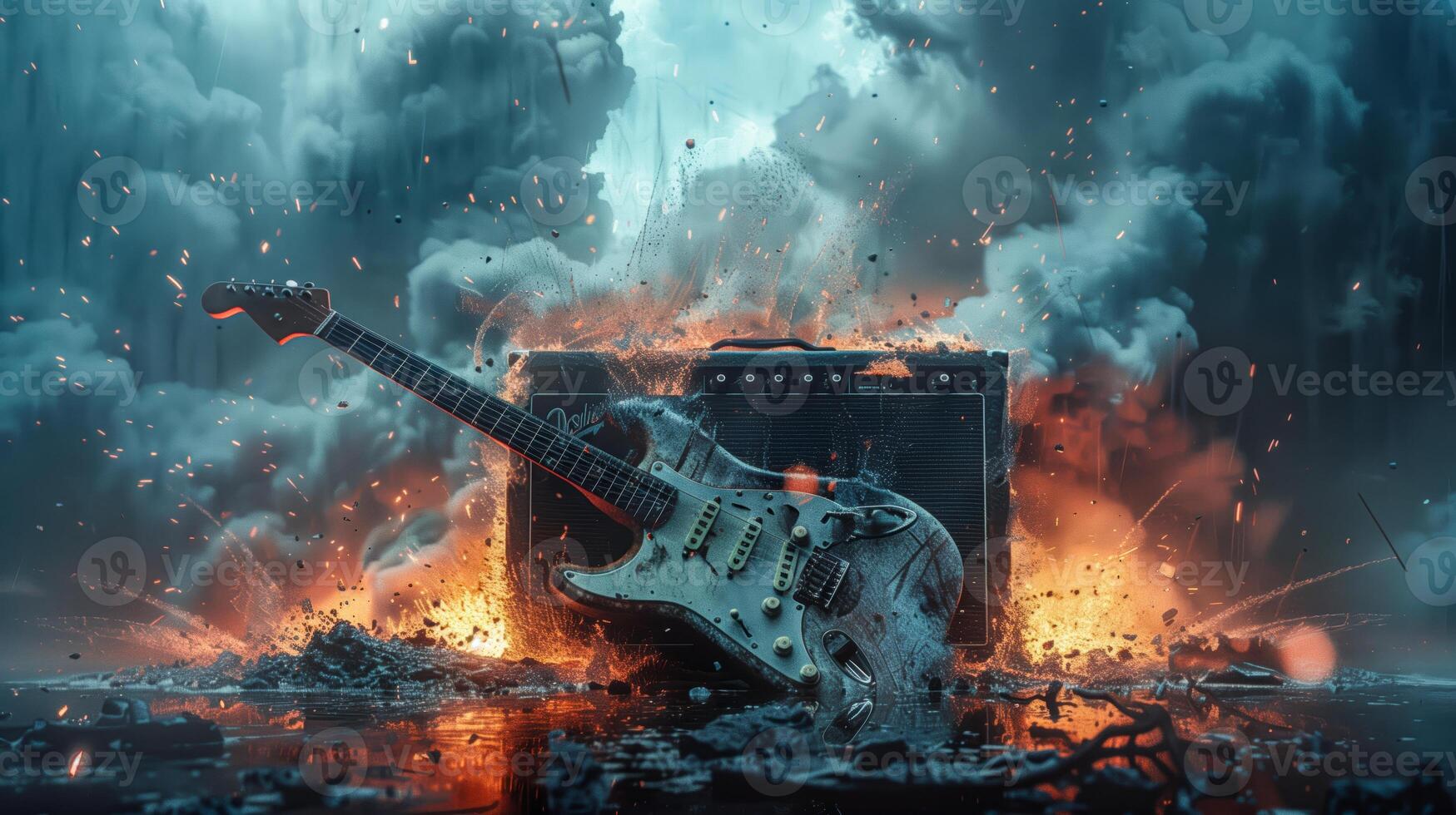 Electric guitar in the rain and mud, fire, water and electricity. Rock and roll concept photo