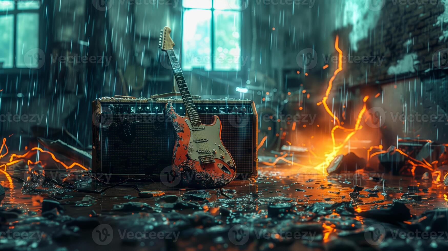 Electric guitar in the rain and mud, fire, water and electricity. Rock and roll concept photo