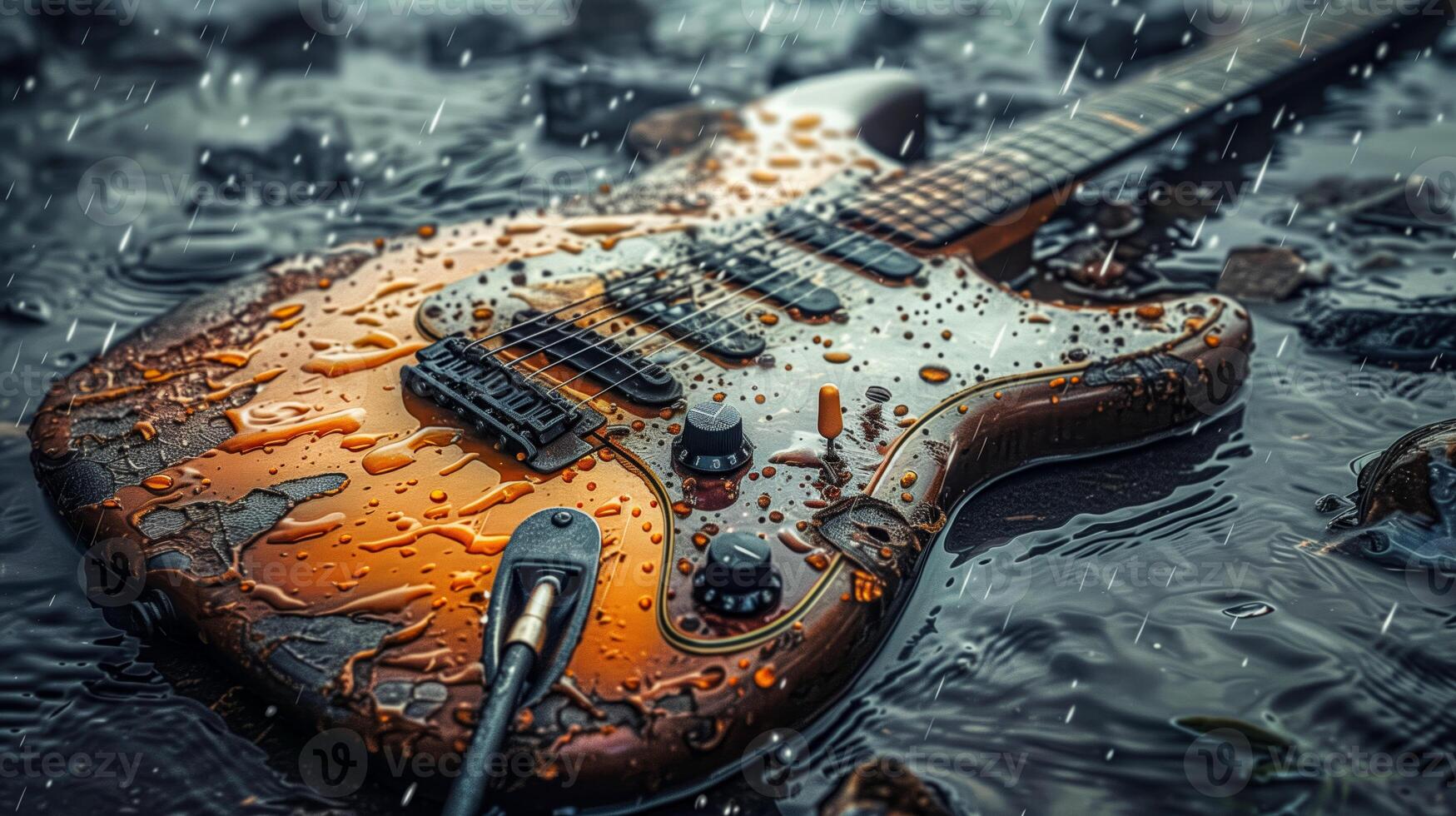 Electric guitar in the rain and mud, fire, water and electricity. Rock and roll concept photo