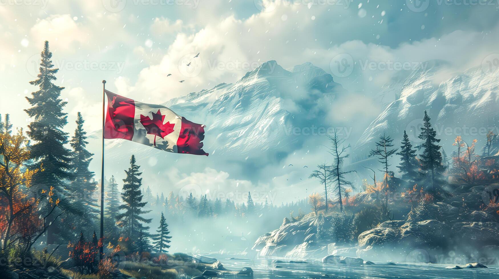 The Canadian flag flutters on the shore of a lake against the backdrop of snow-capped winter mountains photo