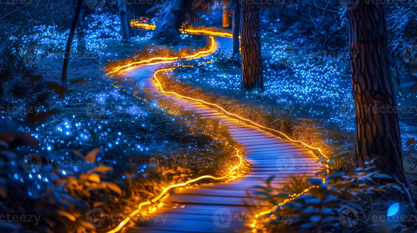 Bioluminescent forest pathway lighting up with nature photo