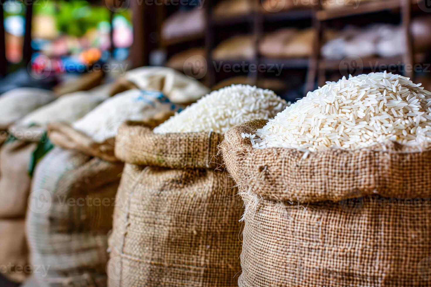 Multiple bags of rice arranged on market shelf photo