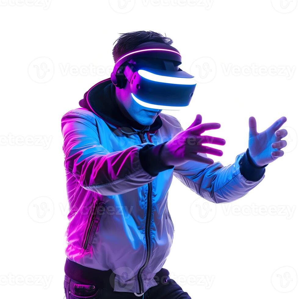 Man in VR glasses in neon lights photo