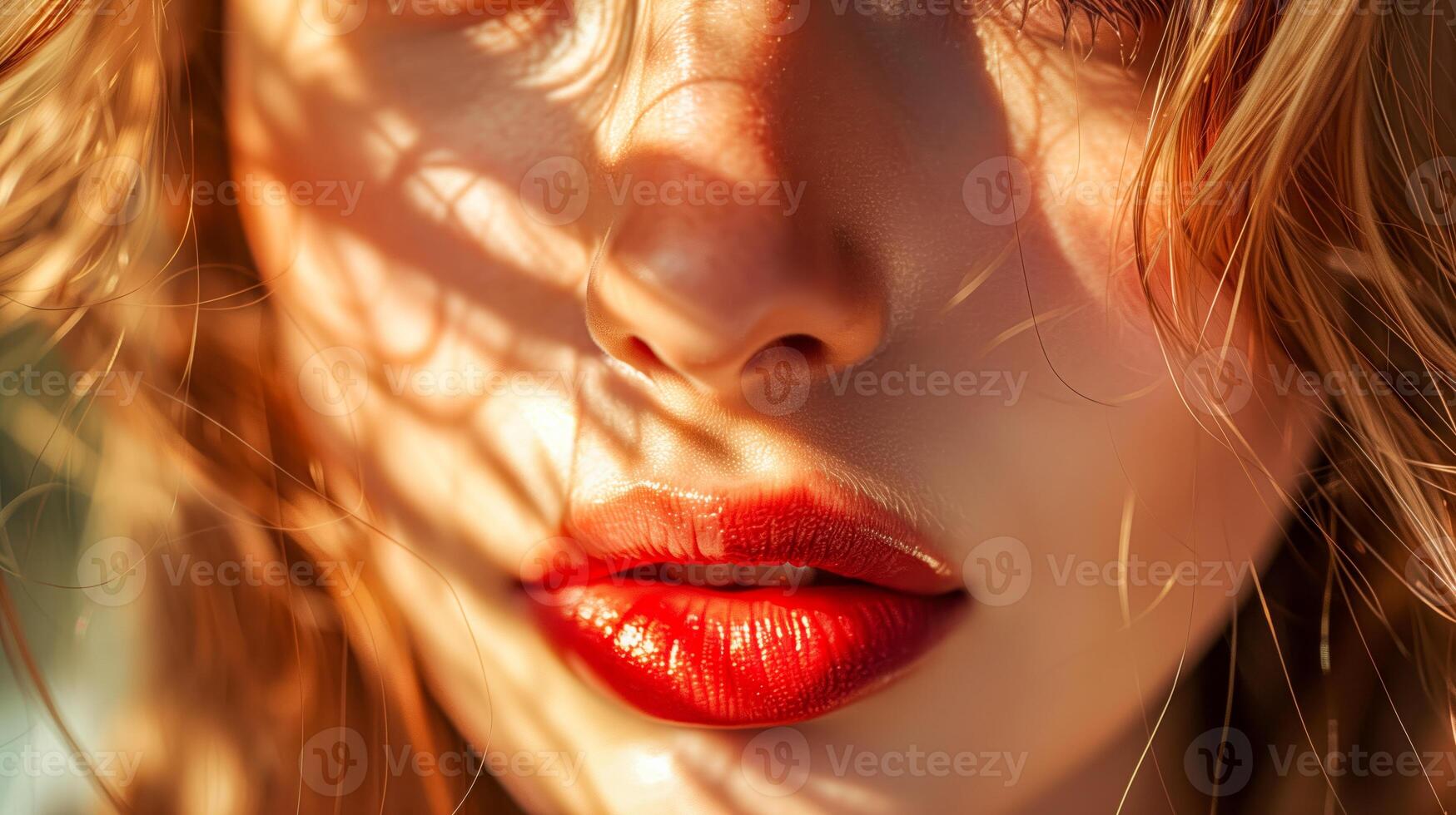 Beautiful red lips of a woman in sun photo