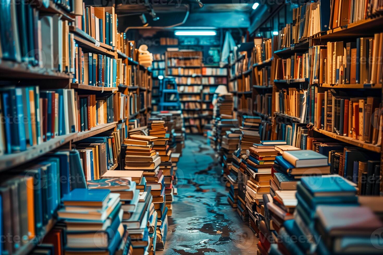 The library is in poor condition with puddles of water on the floor, dampness and flooding photo