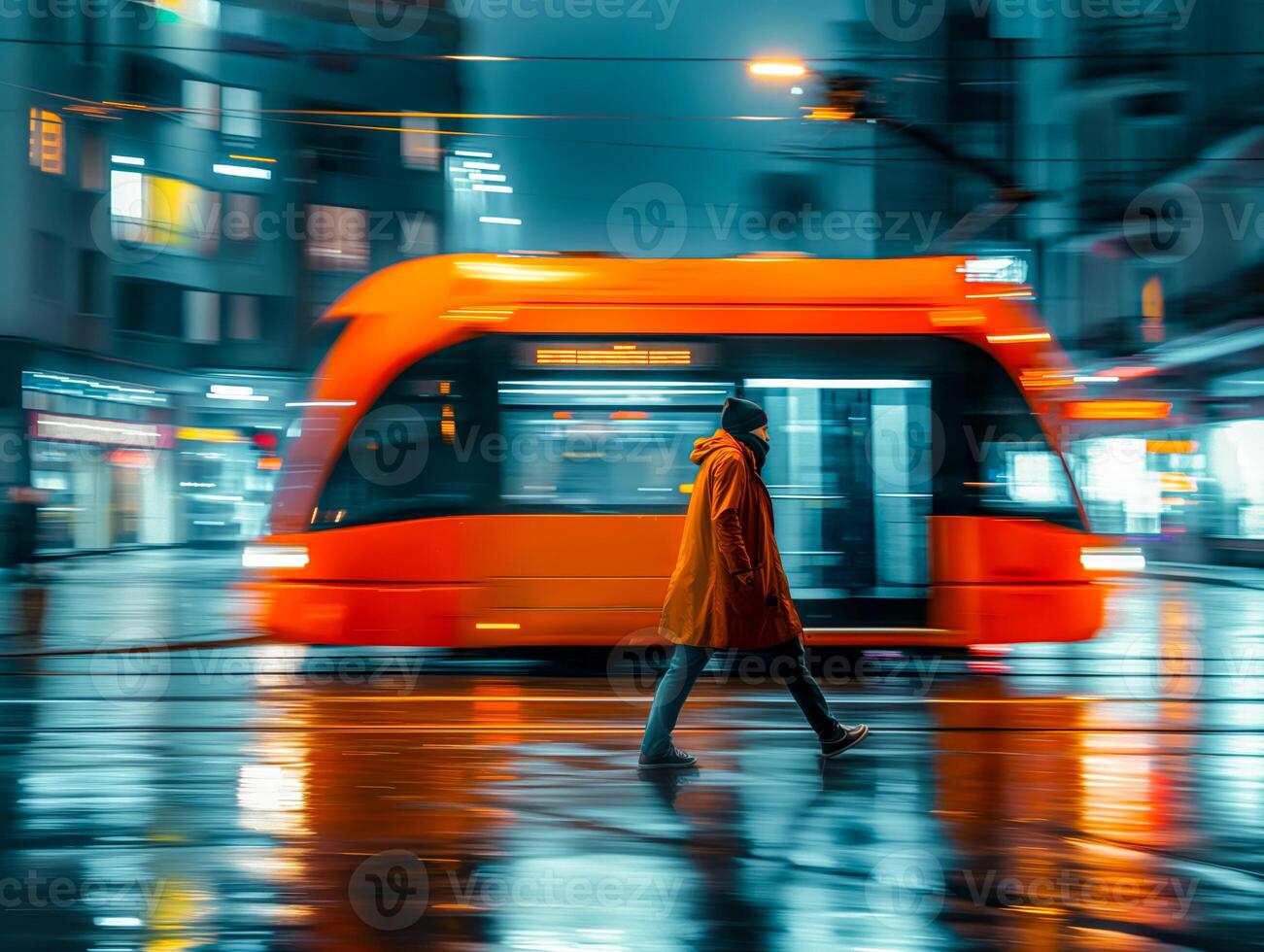 Blurred background, public transport and passing people against the background of the city photo