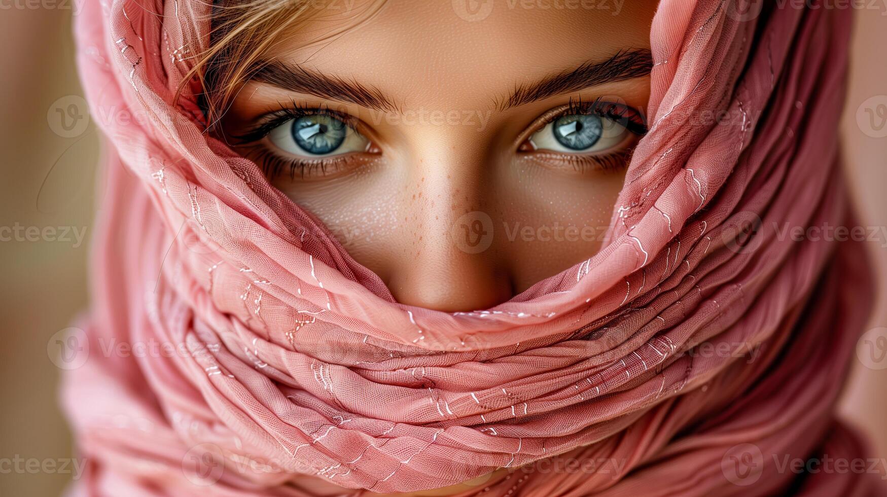 hermosa mujer cubierto cara con rosado de moda bufanda foto