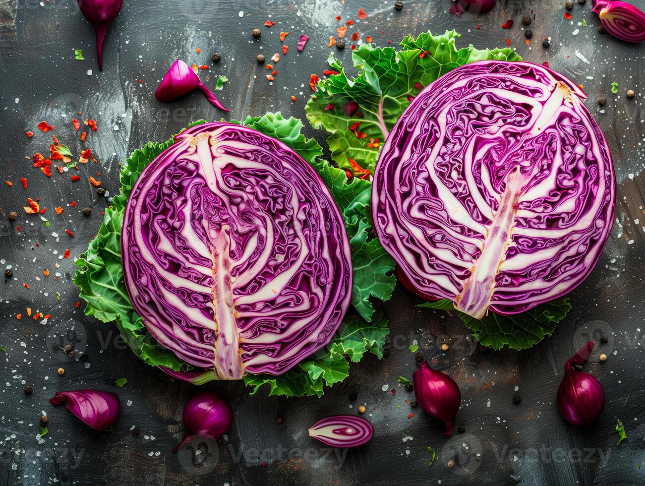 Red cabbage slice on table photo