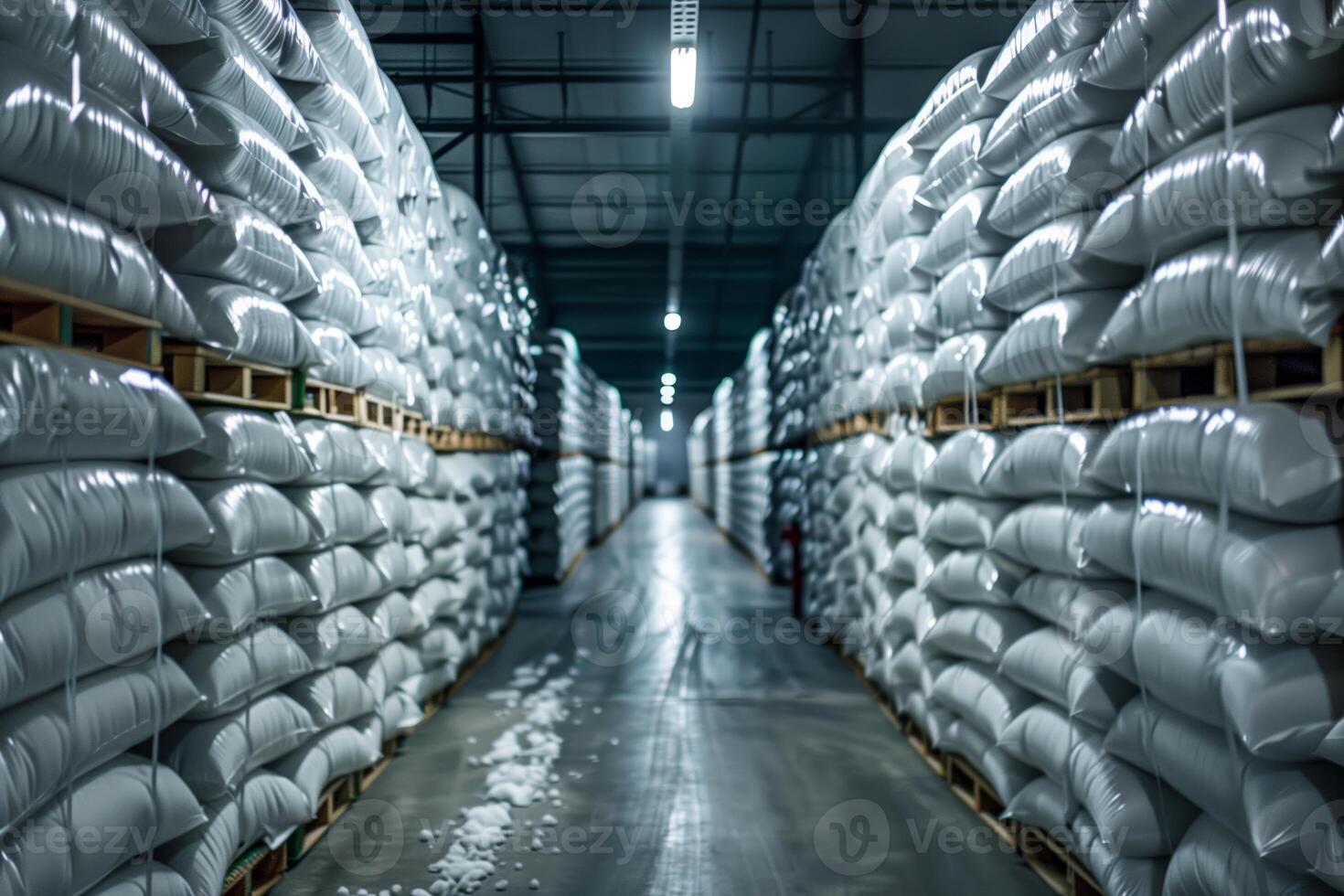 Warehouse filled with stacked white bags photo