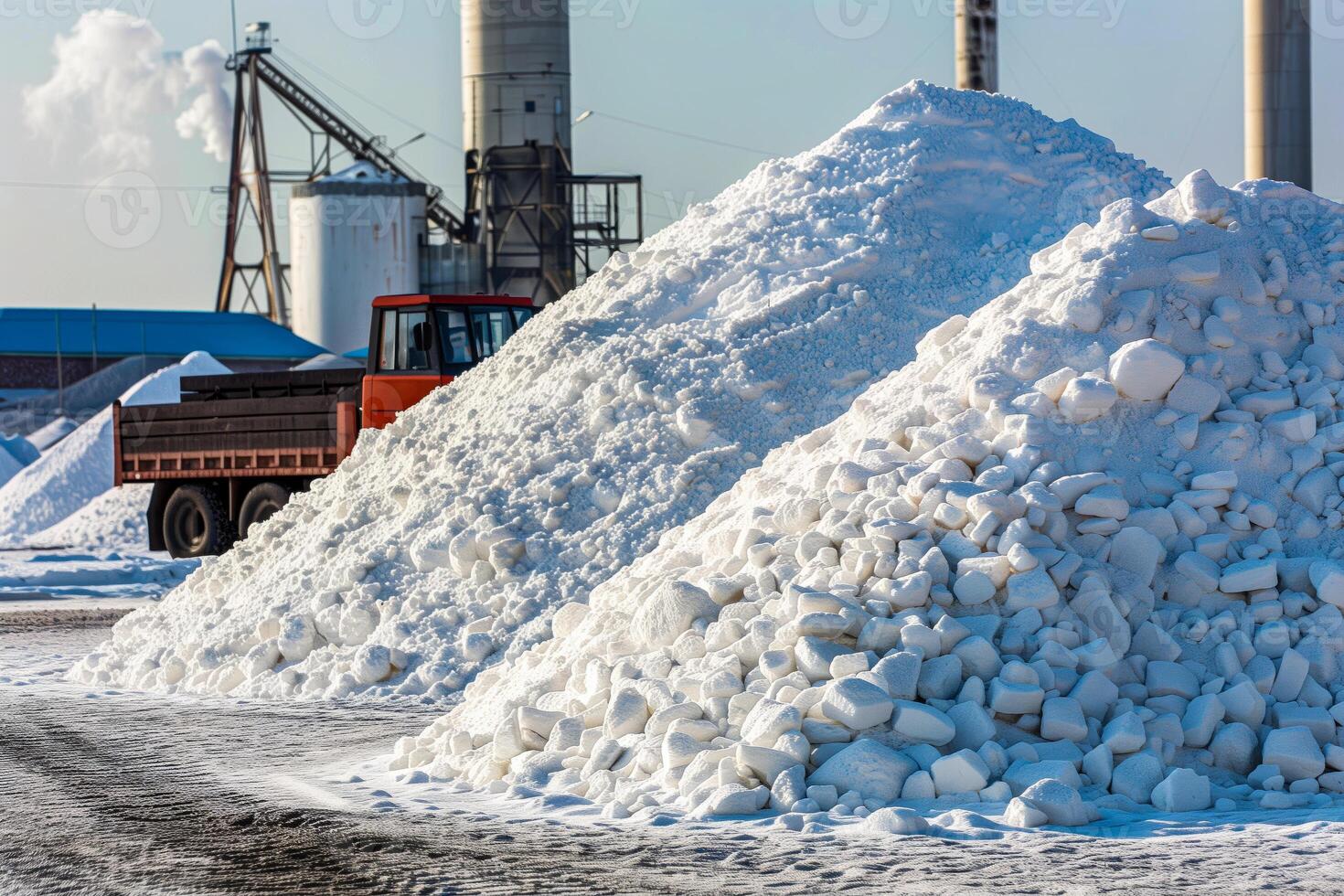 Salt piles near truck at industrial site photo