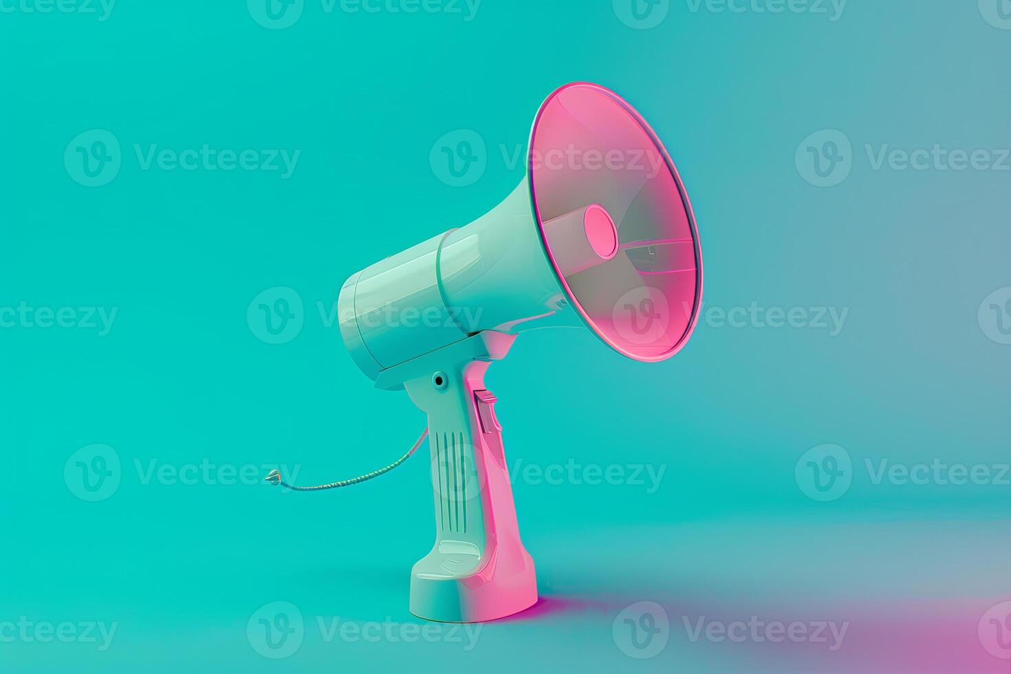 Floating White Megaphone on Blue Background with Light Aquamarine and Pink Accents in Plastic Style photo