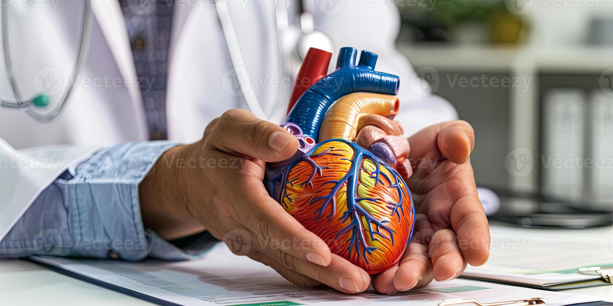 Doctor holding anatomical heart model. Medical office scene. Health care concept photo