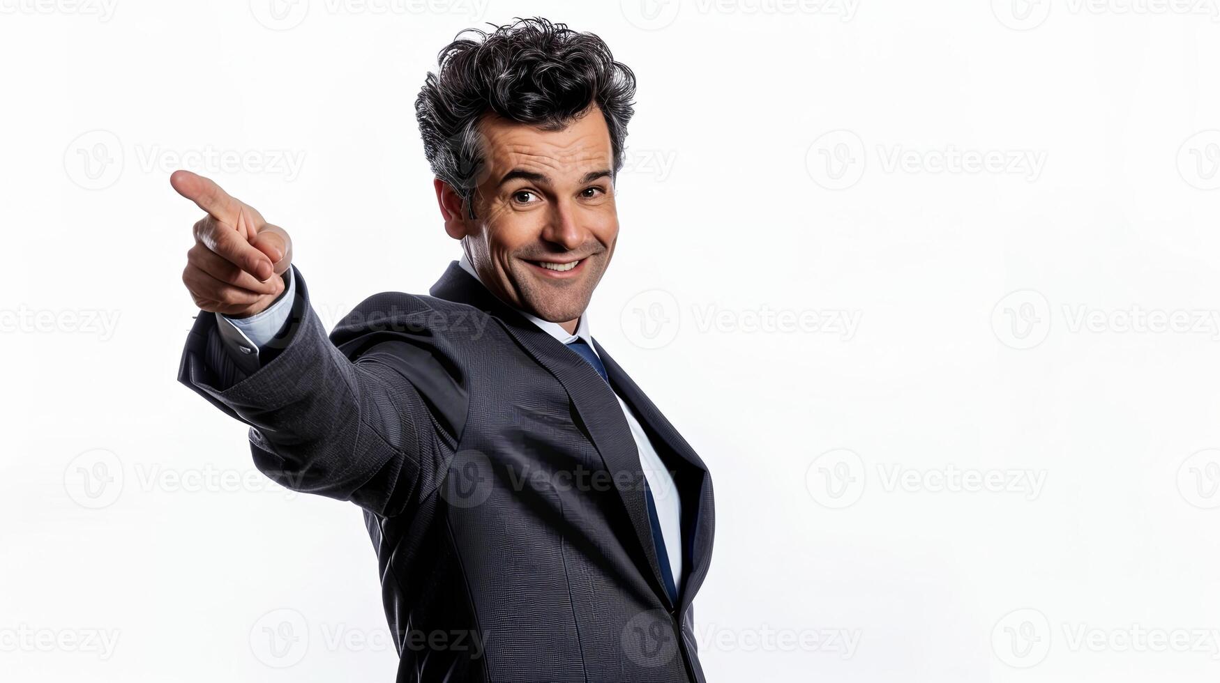Engaging businessman with warm smile and inviting gesture. Professional interaction. photo