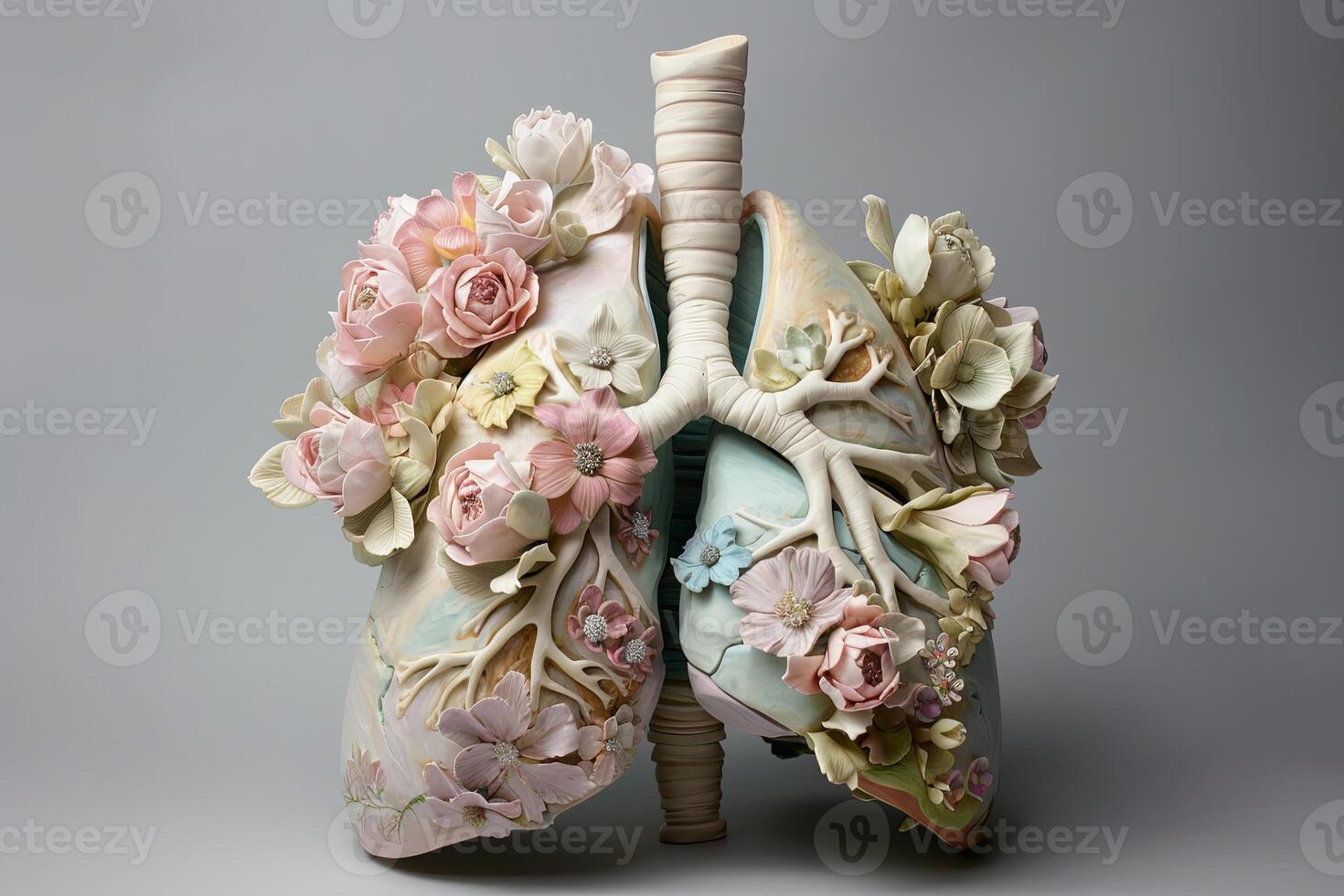 Artistic rendition of anatomical lung in pastel clay sculpture with delicate flower details. Creative expression concept. photo