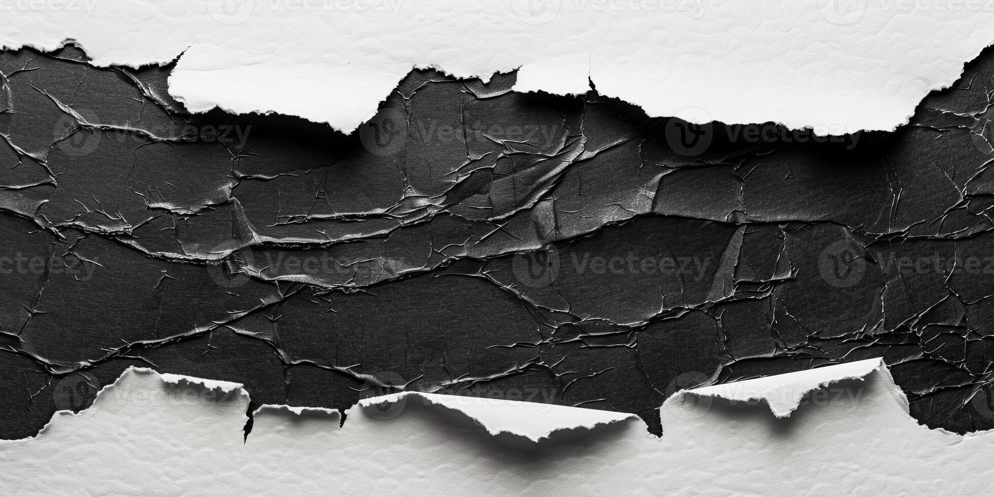 Flat lay composition of torn black paper on clean white background. Ripped banner design photo