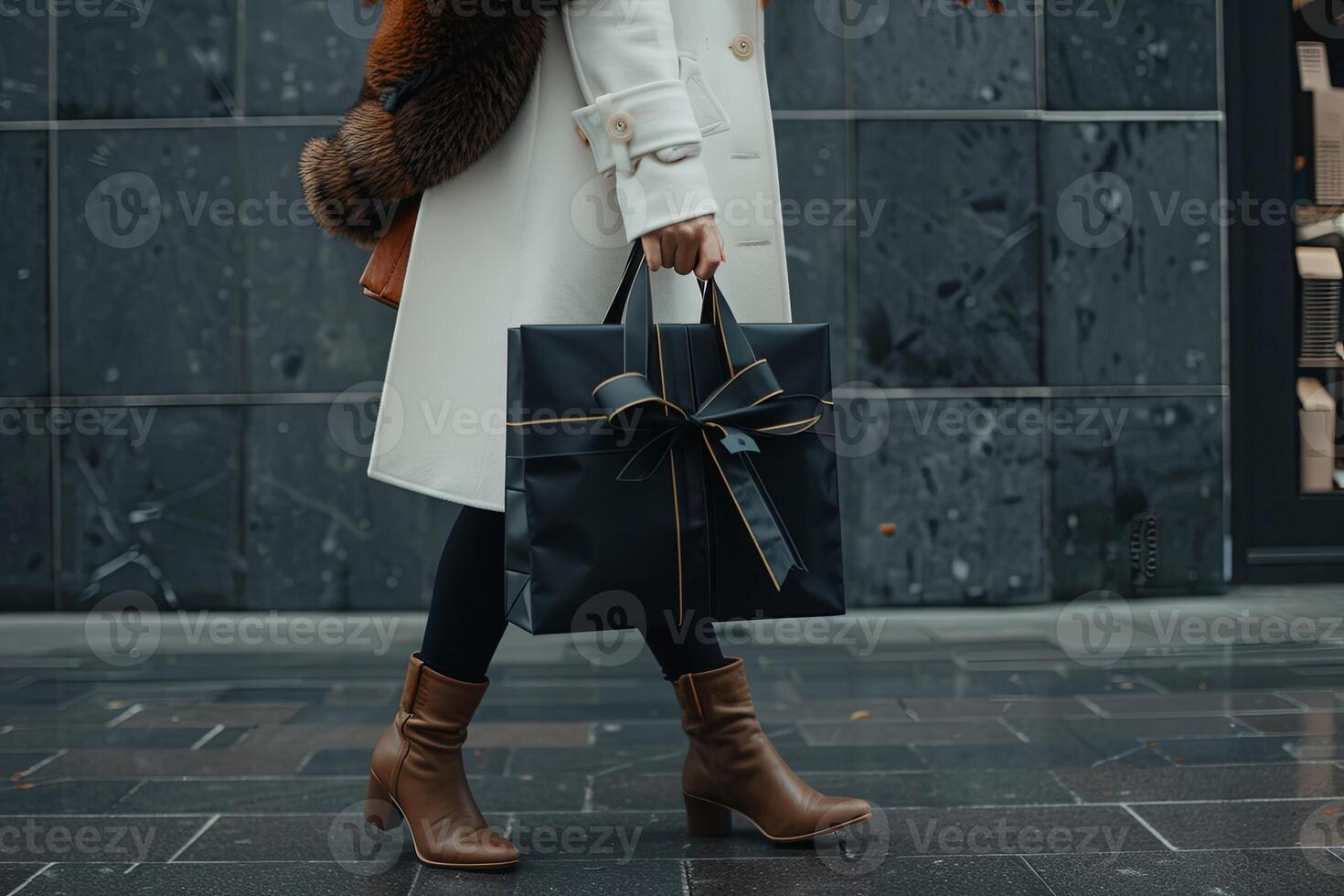 Stylish woman in a white coat walking gracefully with a black shopping bag in the urban cityscape photo