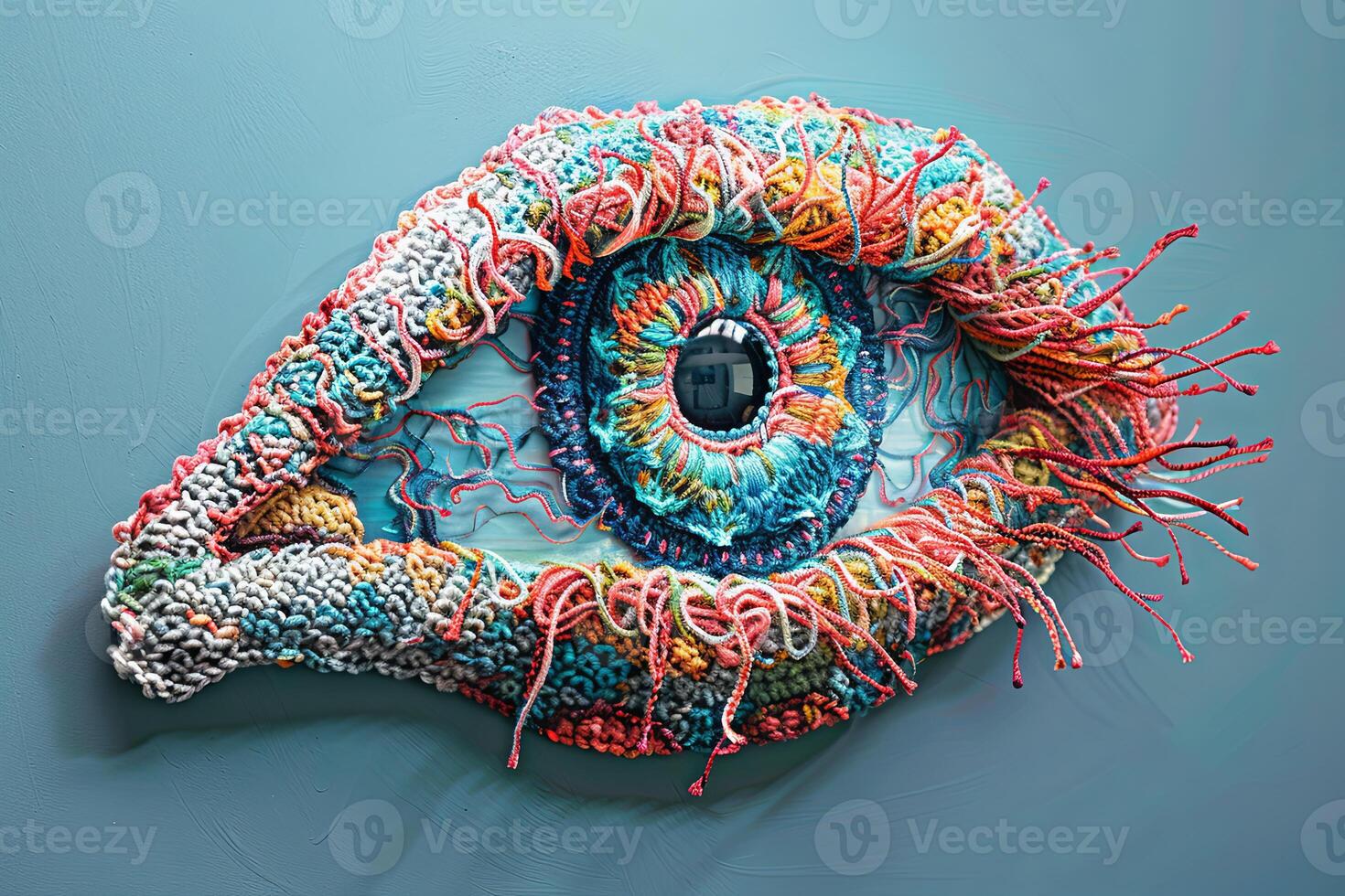 Colorful crocheted eye illustration. Artistic concept. photo