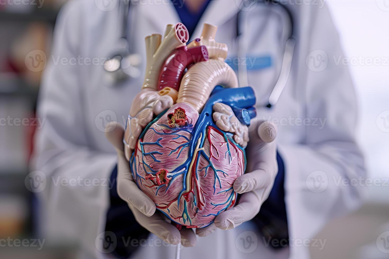 Physician holding anatomical heart model. Medical concept photo
