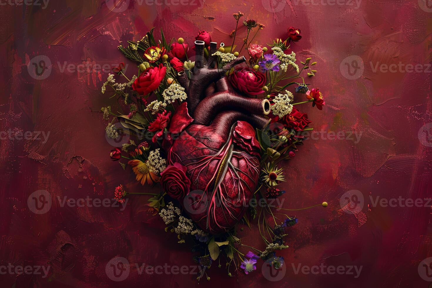 Anatomic heart made of flowers on burgundy background. Dark academia aesthetic art concept. photo