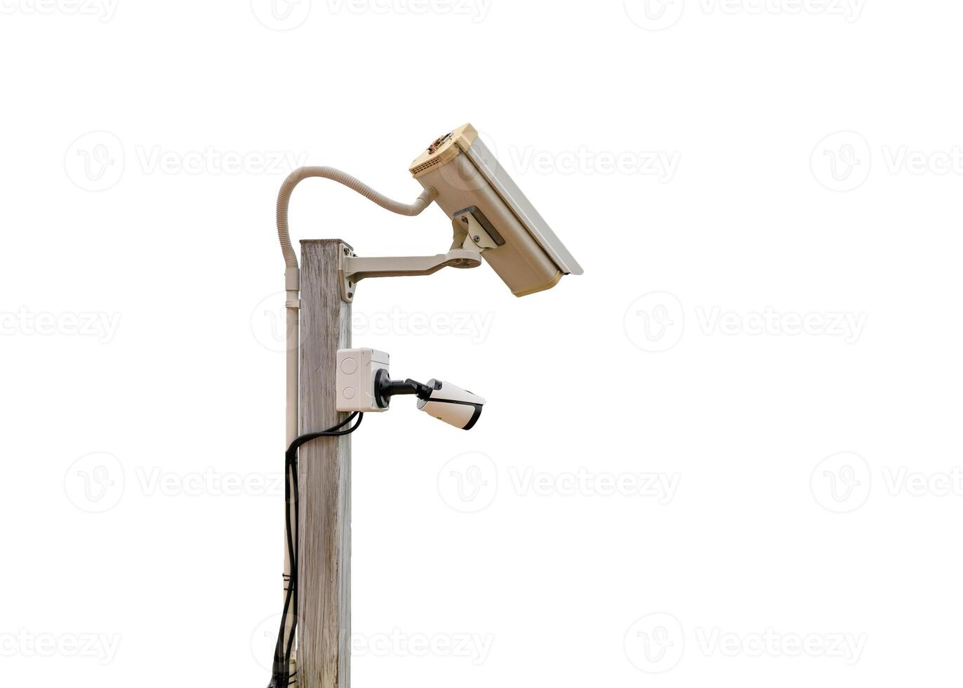 CCTV cameras security surveillance two system setting on wooden pole photo