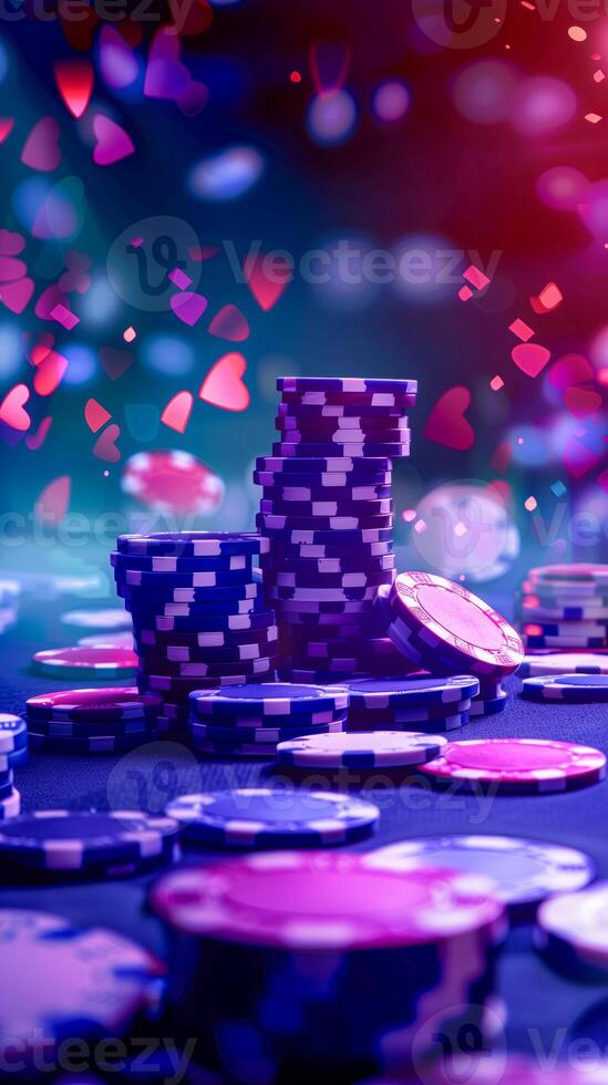 Multiple poker chip stacks on table photo