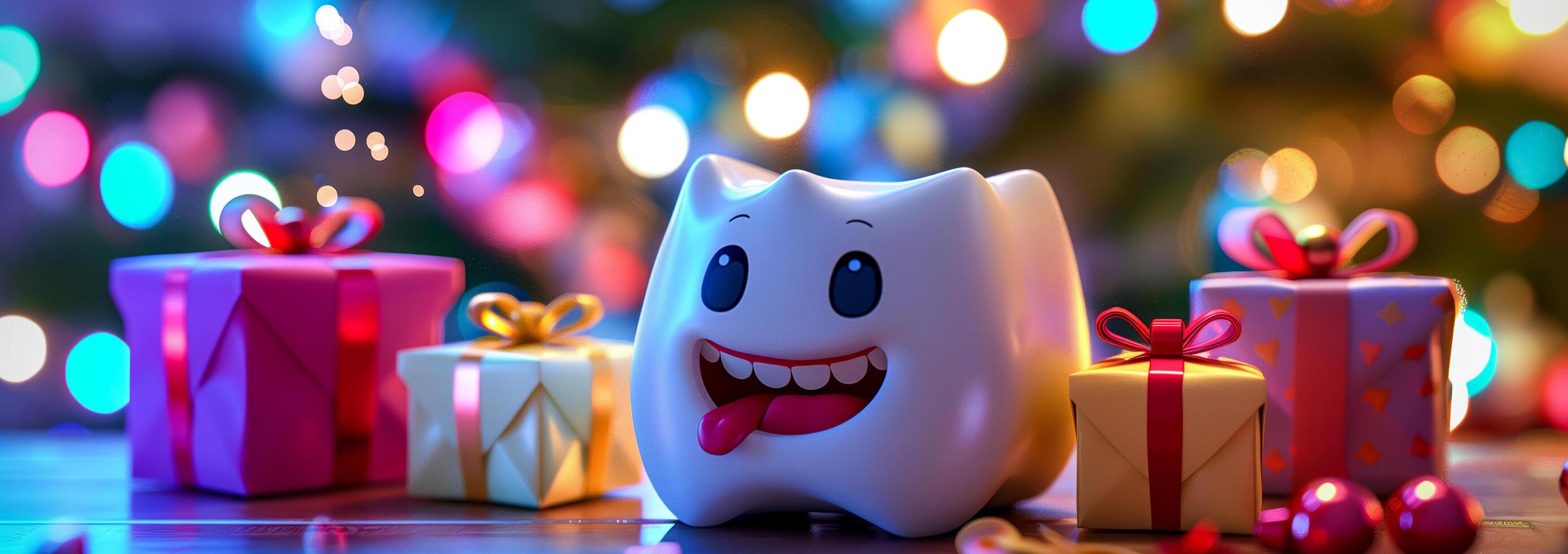 Tooth smiles in 3d surrounded by gifts photo