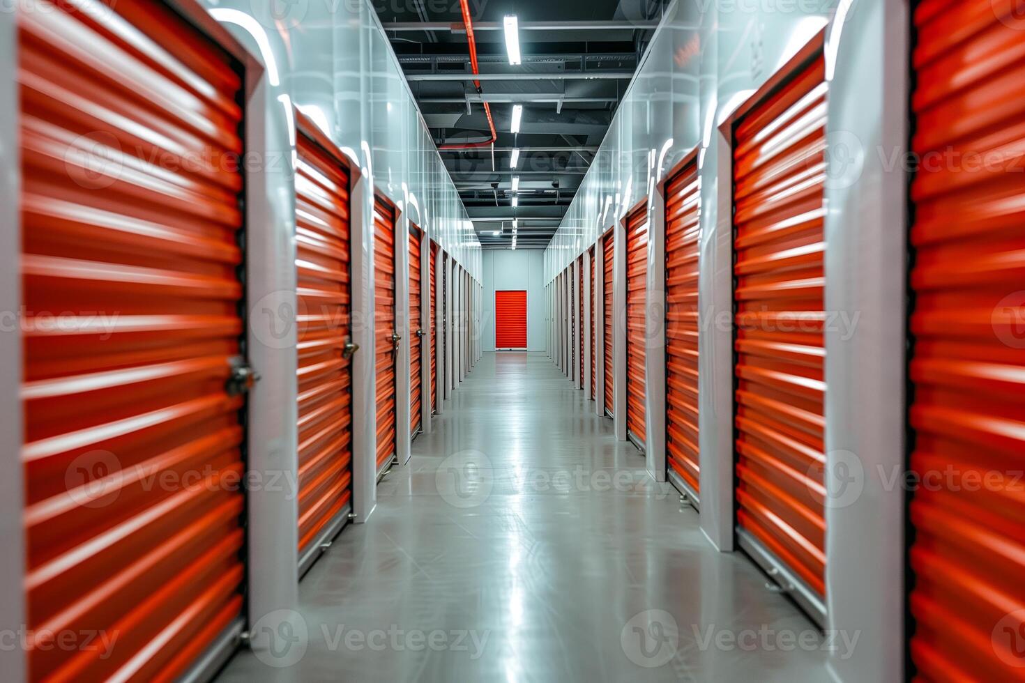 Red storage units in corridor photo