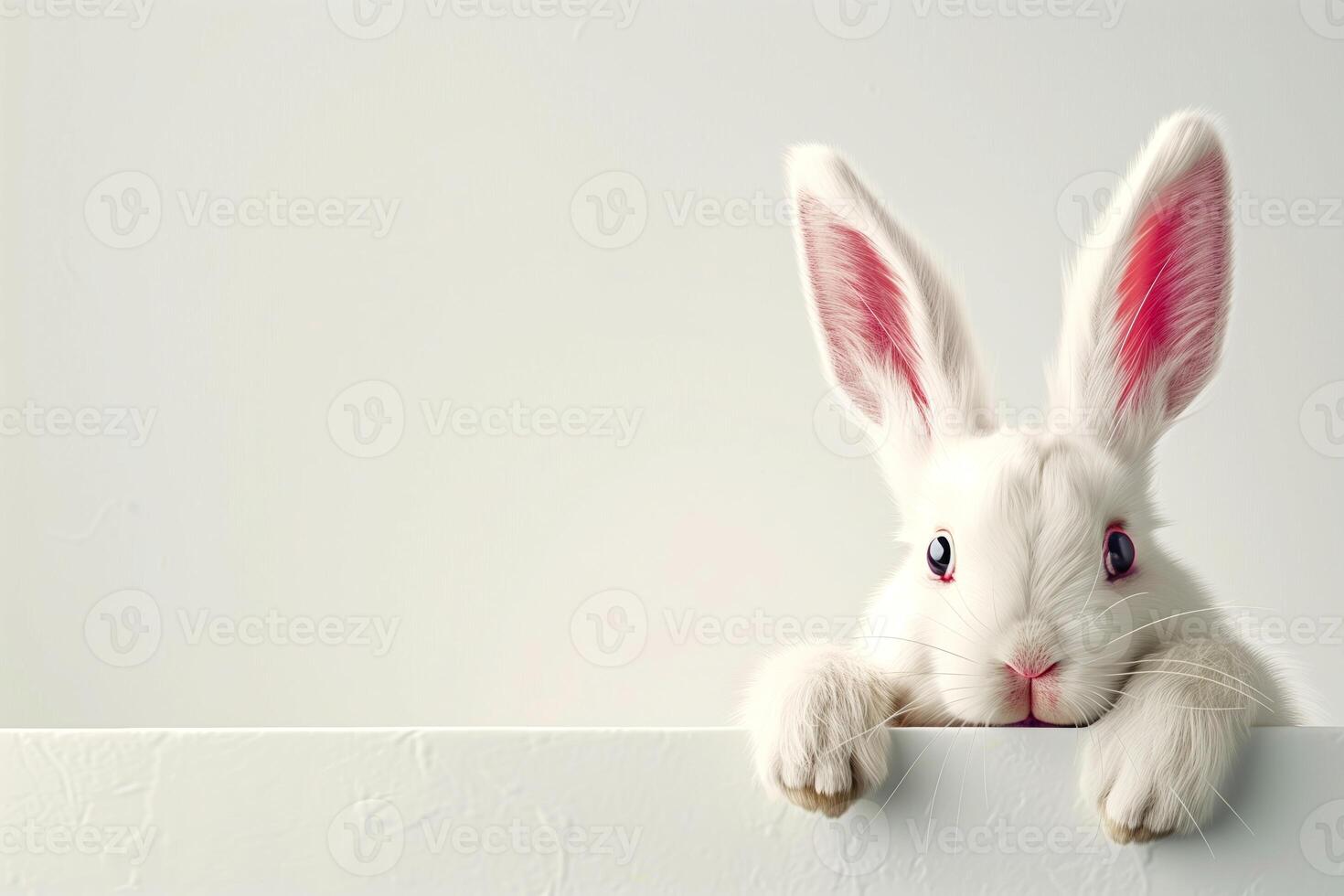 A white rabbit with pink ears peering over a white board photo