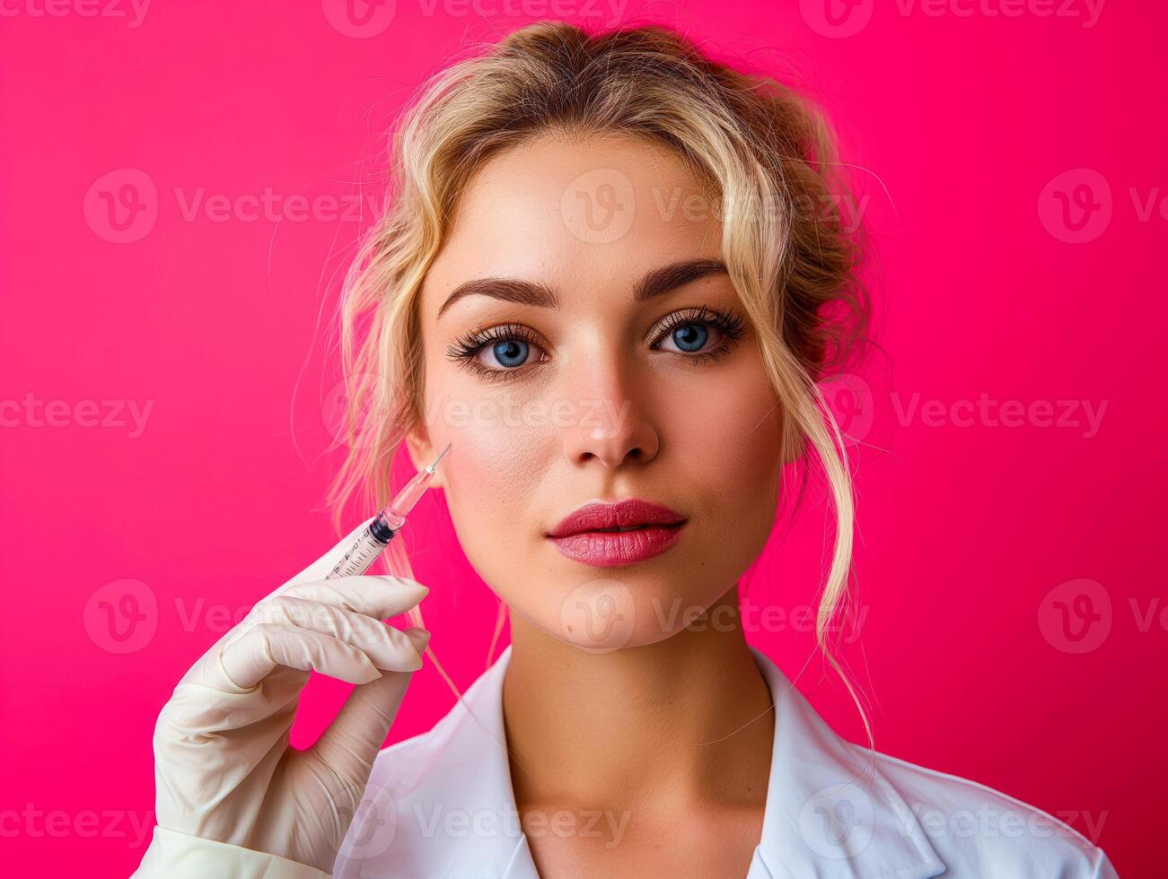 Blond woman in white lab coat holding a syringe, concept of beauty and facial enhancement photo