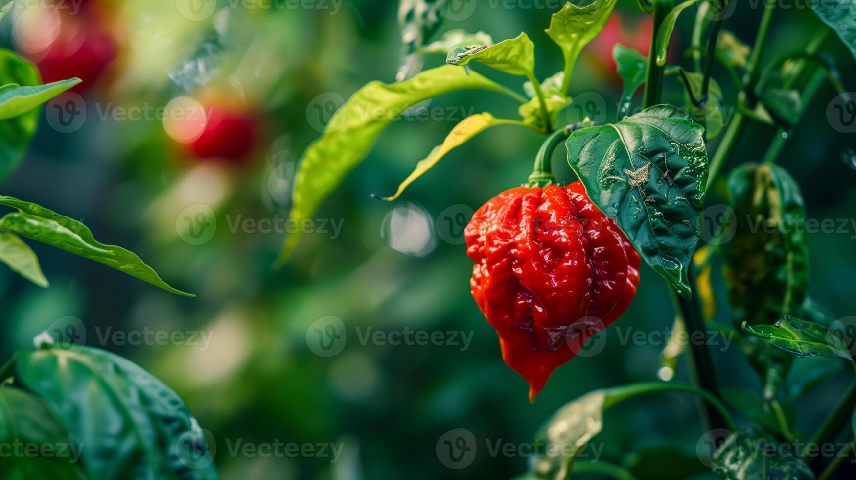 A red carolina reaper pepper plant with green leaves in the background photo