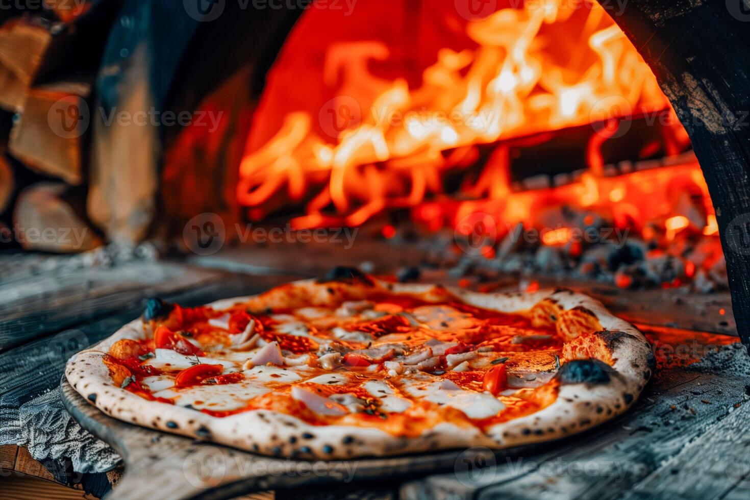 A pizza on a pizza board by a blazing fire photo