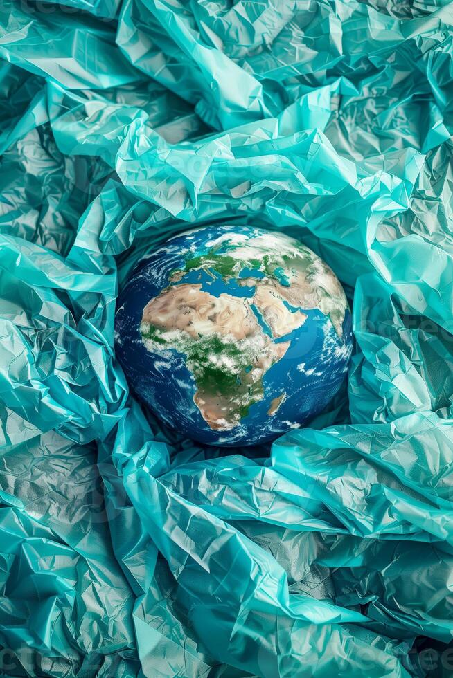 A close up of a blue plastic bag with a planet in it photo