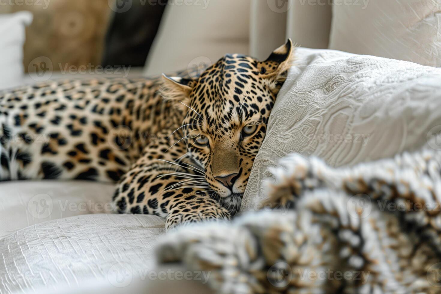 A leopard laying on a bed with a blanket photo