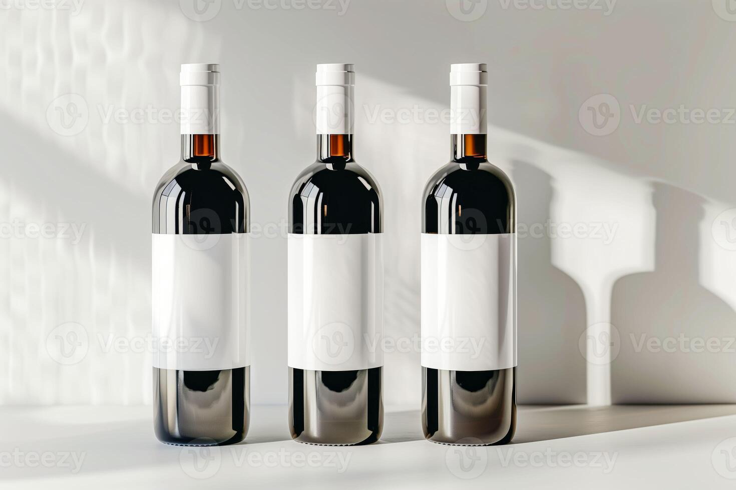 Three bottles of wine are lined up on a counter photo
